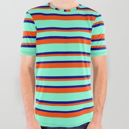 [ Thumbnail: Aquamarine, Blue & Red Colored Striped/Lined Pattern All Over Graphic Tee ]