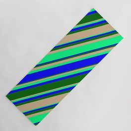 [ Thumbnail: Tan, Green, Blue, and Dark Green Colored Lines/Stripes Pattern Yoga Mat ]