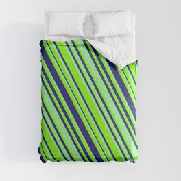 [ Thumbnail: Midnight Blue, Green & Chartreuse Colored Lined/Striped Pattern Comforter ]