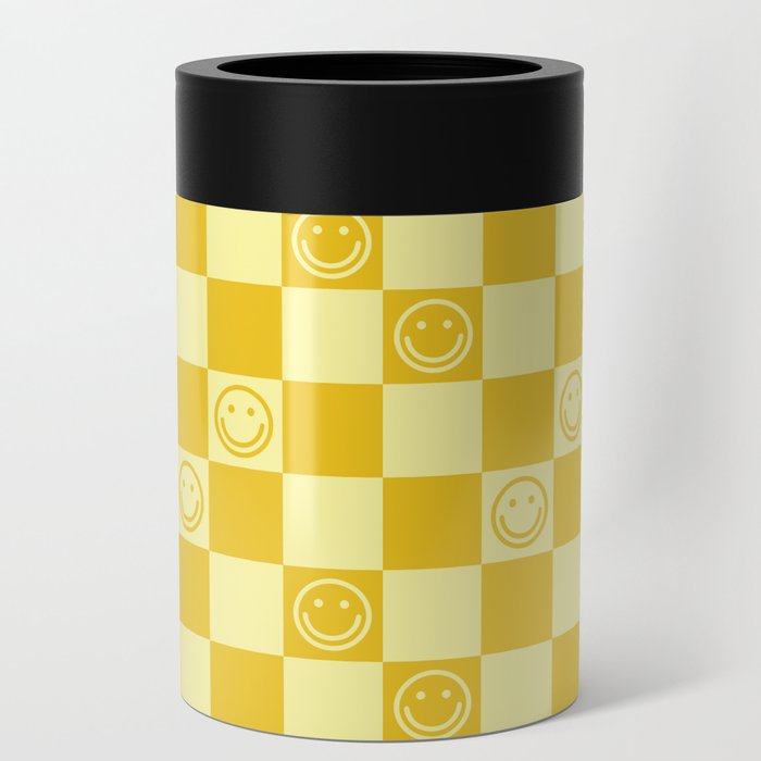 Cute Smiley Faces on Checkerboard \\ Sunshine Color Palette Can Cooler