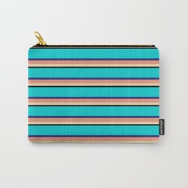 [ Thumbnail: Vibrant Dark Turquoise, Midnight Blue, Dark Salmon, Tan, and Black Colored Lines/Stripes Pattern Carry-All Pouch ]