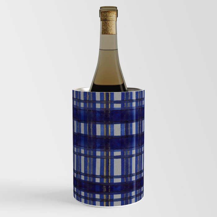 Gray, Gold and Navy Blue Plaid, Summer Stargazing Collection Wine Chiller