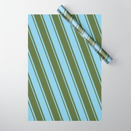 [ Thumbnail: Sky Blue and Dark Olive Green Colored Striped/Lined Pattern Wrapping Paper ]