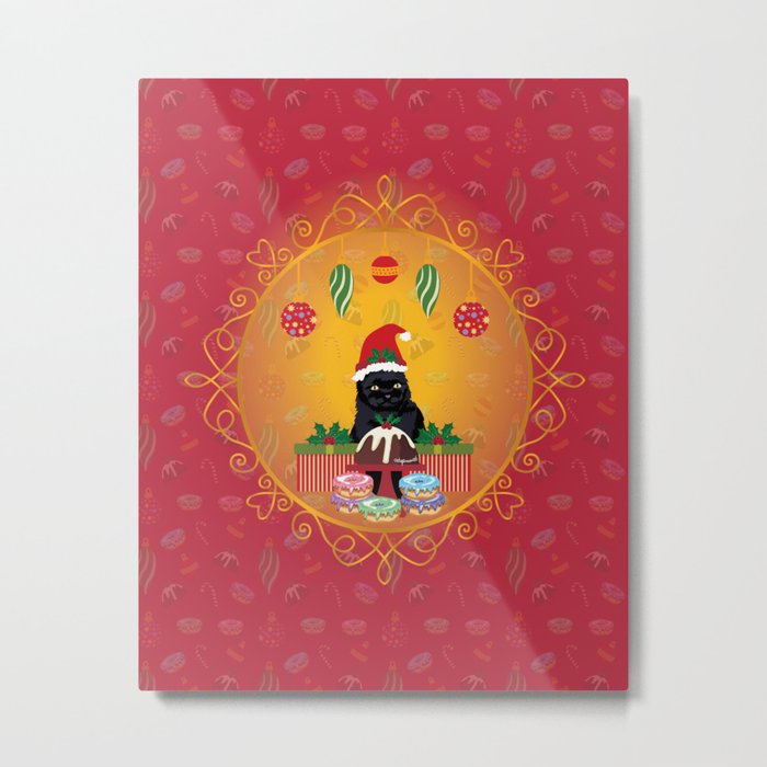Christmas Black Cat (Red Background) Metal Print