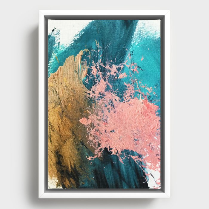 Coral Reef [1]: colorful abstract in blue, teal, gold, and pink Framed Canvas