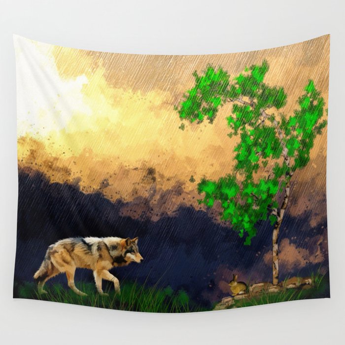 Wolf Landscape Watercolor (Color) Wall Tapestry