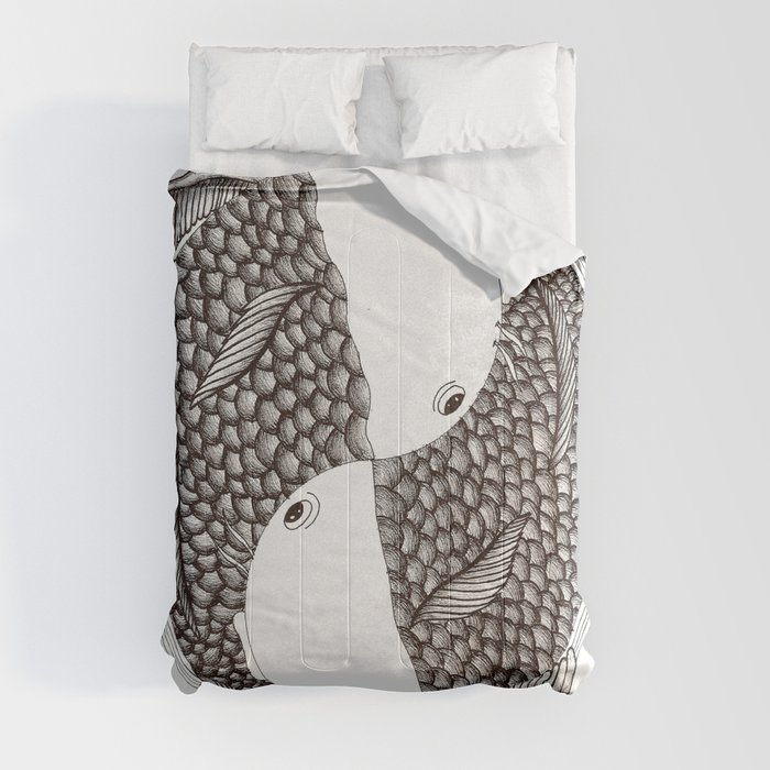 Pisces - Fish Koi - Japanese Tattoo Style (black and white) Comforter