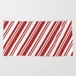[ Thumbnail: Red and White Colored Lines/Stripes Pattern Beach Towel ]