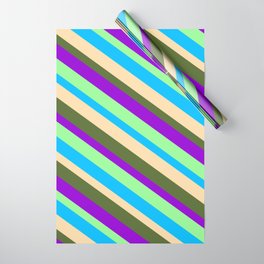 [ Thumbnail: Vibrant Tan, Dark Olive Green, Dark Violet, Green & Deep Sky Blue Colored Lined/Striped Pattern Wrapping Paper ]