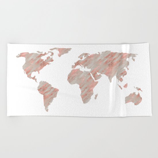 World Map Marble Rose Gold Beach Towel