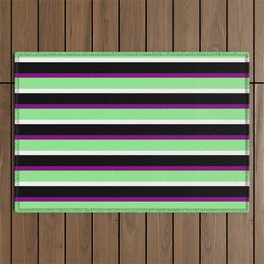 [ Thumbnail: Vibrant Purple, Light Green, White, and Black Striped/Lined Pattern Outdoor Rug ]