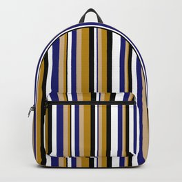 [ Thumbnail: Tan, Dark Goldenrod, Black, White & Midnight Blue Colored Lines/Stripes Pattern Backpack ]