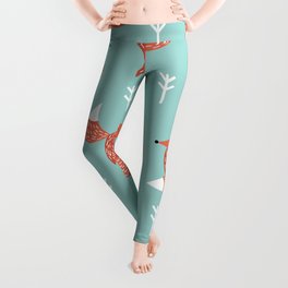 Seamless illustration pattern with cute orange foxes on green background. Nice woodland animals in trendy scandinavian style.  Leggings
