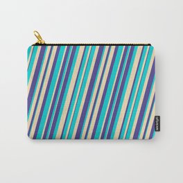 [ Thumbnail: Dark Turquoise, Tan, and Dark Slate Blue Colored Lines/Stripes Pattern Carry-All Pouch ]