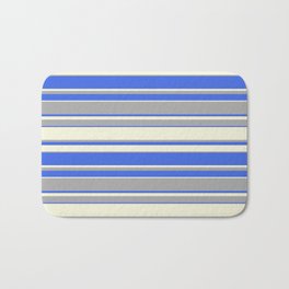 [ Thumbnail: Beige, Dark Grey & Royal Blue Colored Pattern of Stripes Bath Mat ]
