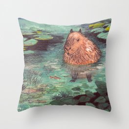 Capybara in the pond Throw Pillow