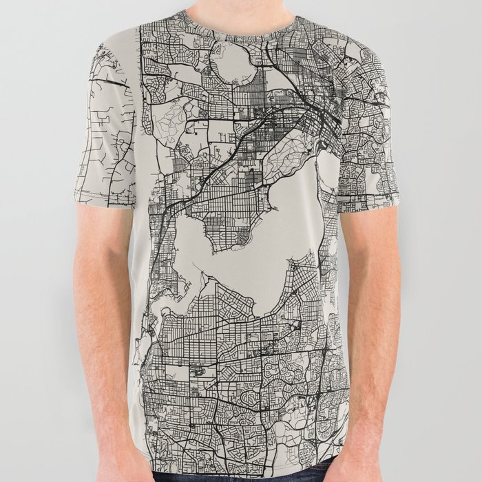 Perth - Australia - Black and White City Map All Over Graphic Tee