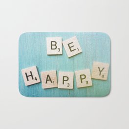 Be Happy Bath Mat | Stilllife, Blue, Black, Typography, Word, Simple, Color, Scrabbletile, Children, Photo 