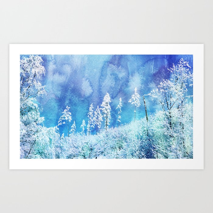 Winter Wonderland Trees With Snow On Landscape With Watercolour