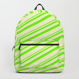 [ Thumbnail: Green and Light Yellow Colored Lined/Striped Pattern Backpack ]