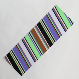 [ Thumbnail: Eyecatching Slate Blue, Brown, Lavender, Black & Green Colored Stripes Pattern Yoga Mat ]