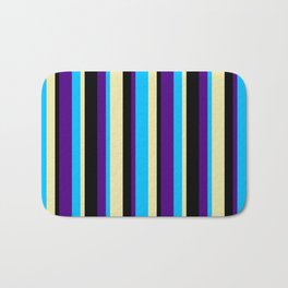 [ Thumbnail: Deep Sky Blue, Indigo, Black, and Pale Goldenrod Colored Pattern of Stripes Bath Mat ]