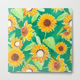 Yellow Mint Sunflowers Pretty Watercolor Paint Metal Print