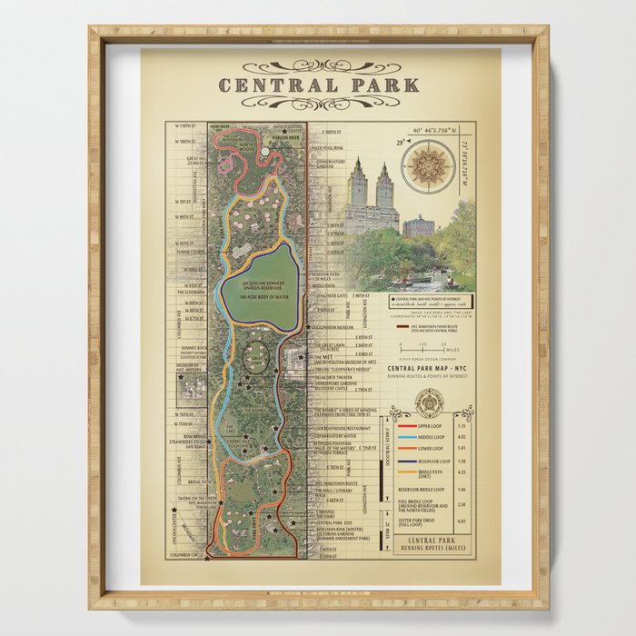 NYC's Central Park [Vintage Inspired] "San Remo" Running route map Serving Tray
