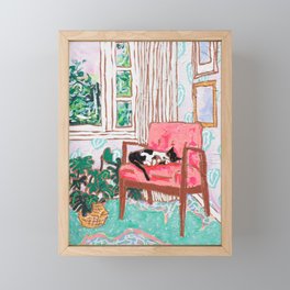 Little Naps - Tuxedo Cat Napping in a Pink Mid-Century Chair by the Window Framed Mini Art Print