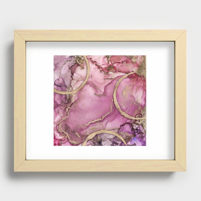 Pink Gold Ink Texture Colorful Marble Painting Recessed Framed Print