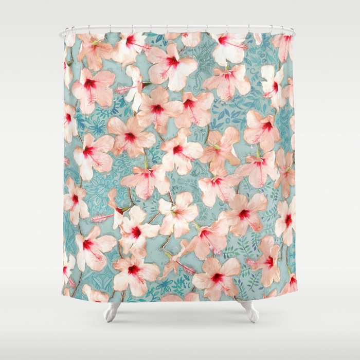 Shabby Chic Hibiscus Patchwork Pattern In Peach Mint Shower Shabby Chic Hibiscus Patchwork Pattern In Peach Mint Shower Curtain By Micklyn Society6