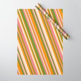 [ Thumbnail: Green, Dark Orange, Bisque, and Light Coral Colored Lines Pattern Wrapping Paper ]