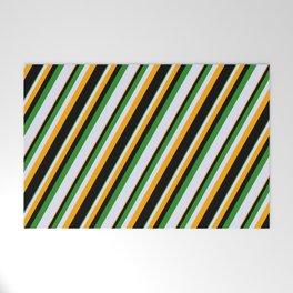 [ Thumbnail: Forest Green, Lavender, Orange & Black Colored Striped Pattern Welcome Mat ]