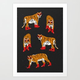 Cartoon Fashionista Tigers Wearing Groovy Sunglasses and Red Retro Boots (Art Print Version) Art Print