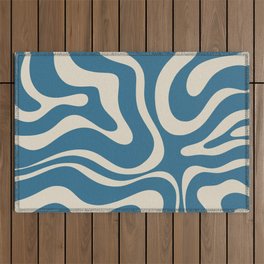 Modern Retro Liquid Swirl Abstract Pattern Vertical in Boho Blue and Beige Outdoor Rug
