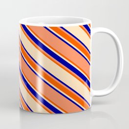 [ Thumbnail: Coral, Red, Tan, and Dark Blue Colored Lines/Stripes Pattern Coffee Mug ]