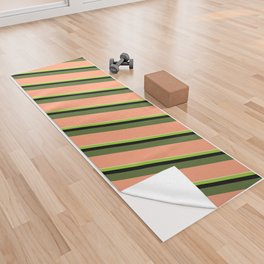 [ Thumbnail: Colorful Pale Goldenrod, Green, Black, Dark Olive Green & Light Salmon Colored Lined/Striped Pattern Yoga Towel ]