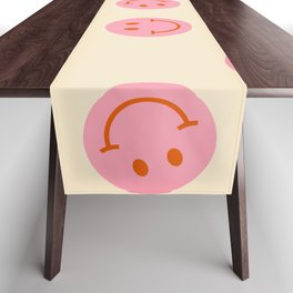 70s Retro Smiley Face Pattern in Beige & Pink Table Runner