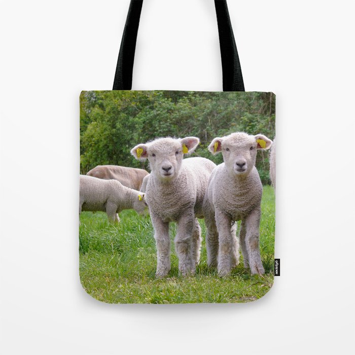 Two Cute Little Lambs Standing Next Tote Bag