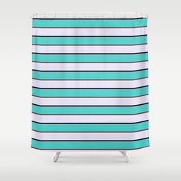 [ Thumbnail: Turquoise, Red, Lavender & Black Colored Lines Pattern Shower Curtain ]