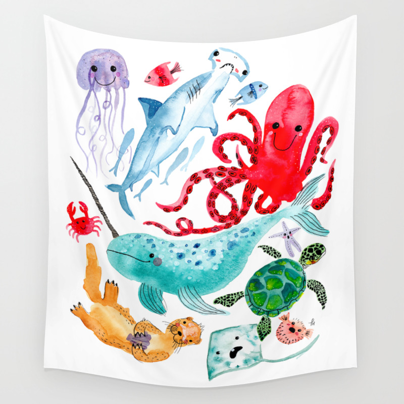 Ocean Creatures Sea Animals Characters Watercolor Wall