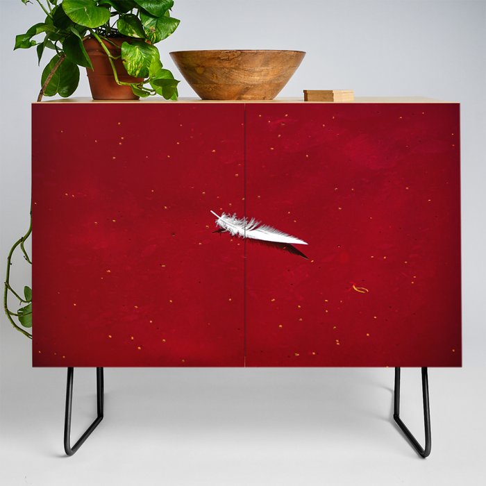 feather floating in red bloody water abstract beautiful surreal shot Credenza