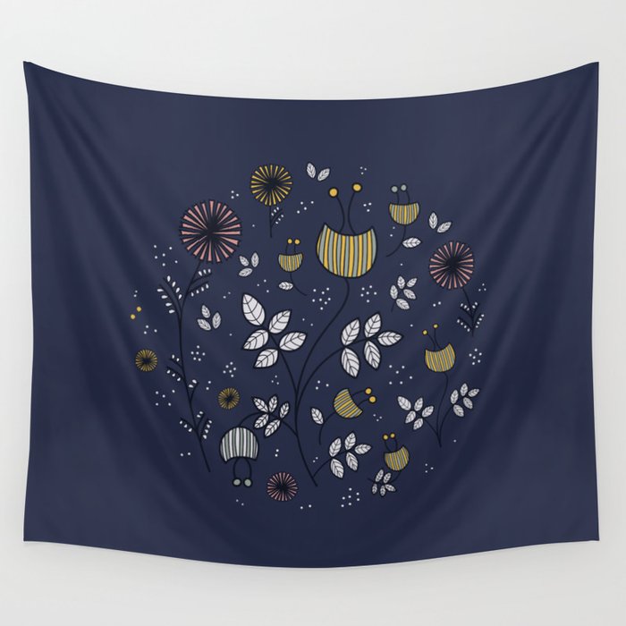 Vintage doodle flower pattern on navy blue background Wall Tapestry