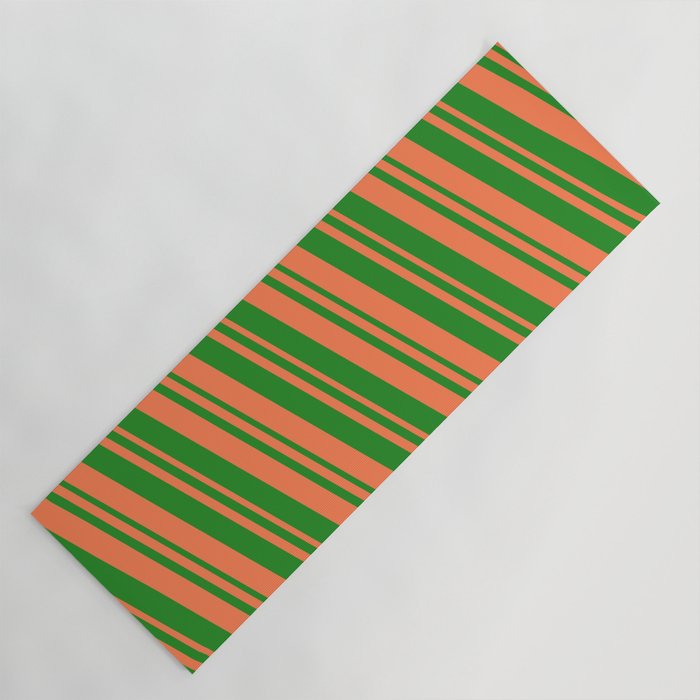 Forest Green & Coral Colored Lines Pattern Yoga Mat