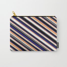 [ Thumbnail: Colorful Brown, White, Dim Gray, Black & Midnight Blue Colored Lines Pattern Carry-All Pouch ]