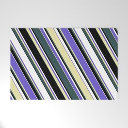 [ Thumbnail: Slate Blue, Pale Goldenrod, Dark Slate Gray, Black & White Colored Lined Pattern Welcome Mat ]