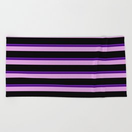 [ Thumbnail: Purple, Indigo, Plum, and Black Colored Lined Pattern Beach Towel ]