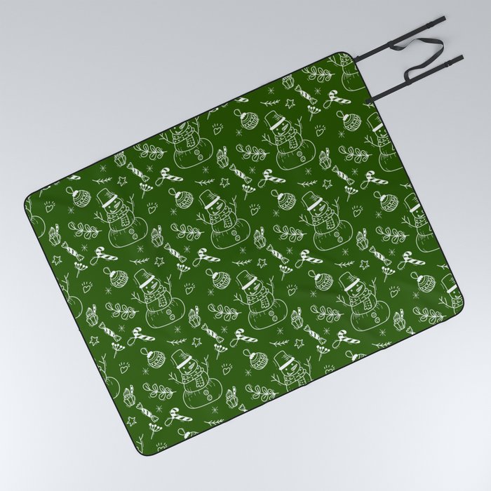 Green and White Christmas Snowman Doodle Pattern Picnic Blanket