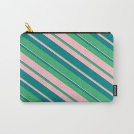 [ Thumbnail: Sea Green, Pink, and Teal Colored Stripes/Lines Pattern Carry-All Pouch ]