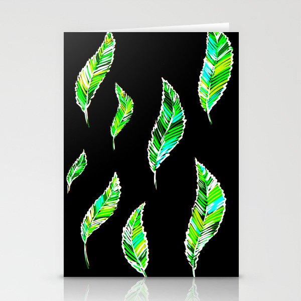 green feather drawings, with black and green Stationery Cards